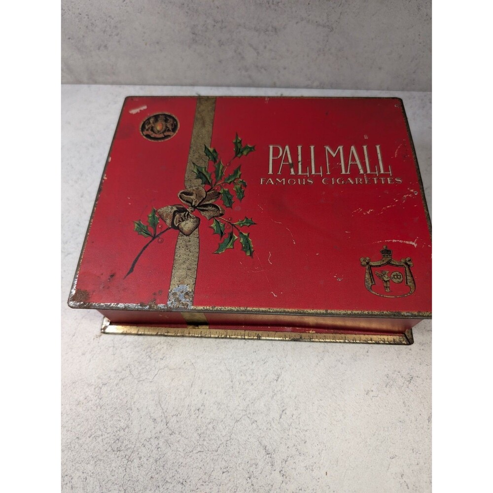Vintage Pall Mall Christmas Cigarette Tin Red Holiday Wreath Litho Box